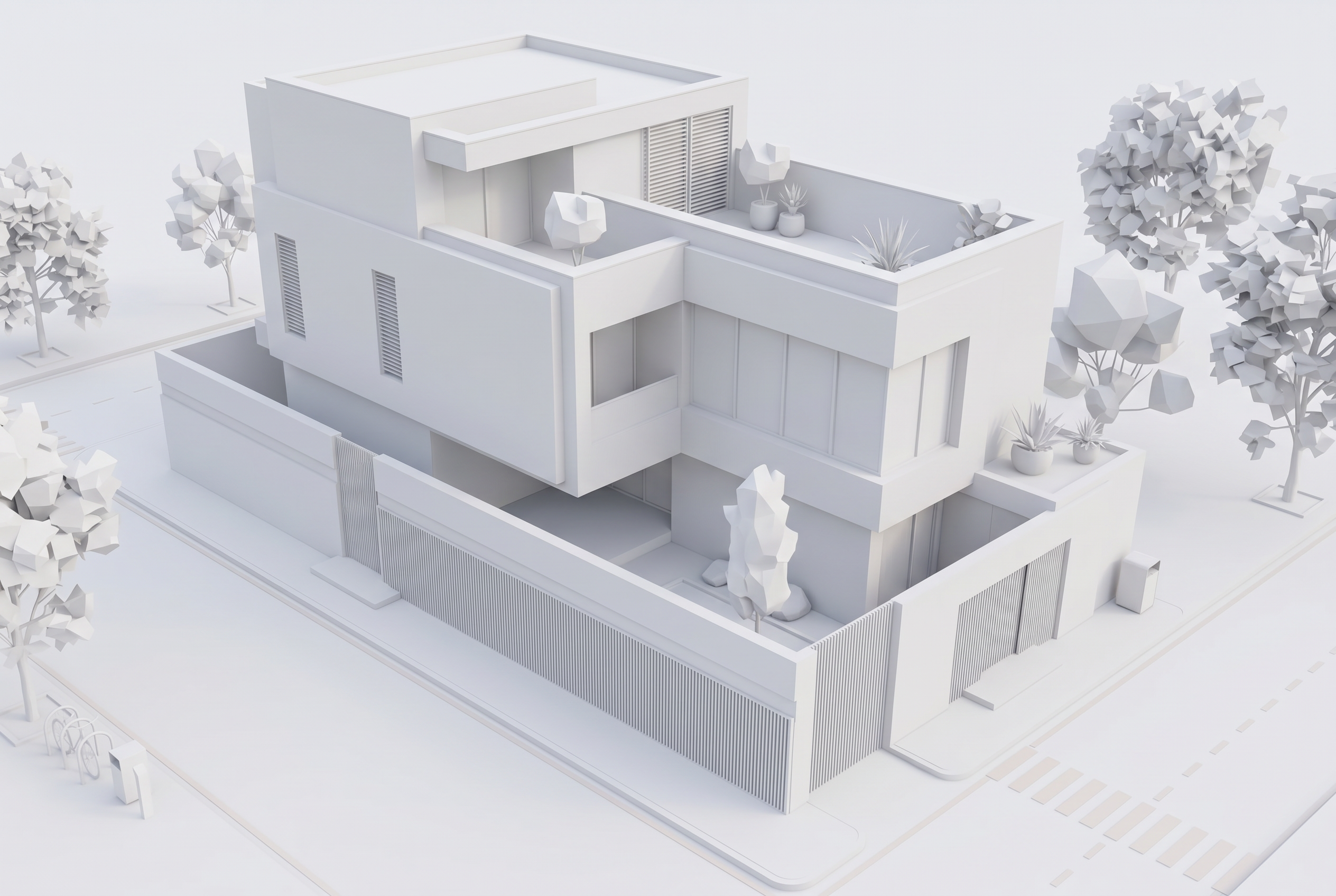 White model before Lovspark 3D House Rendering — untextured massing before photoreal render